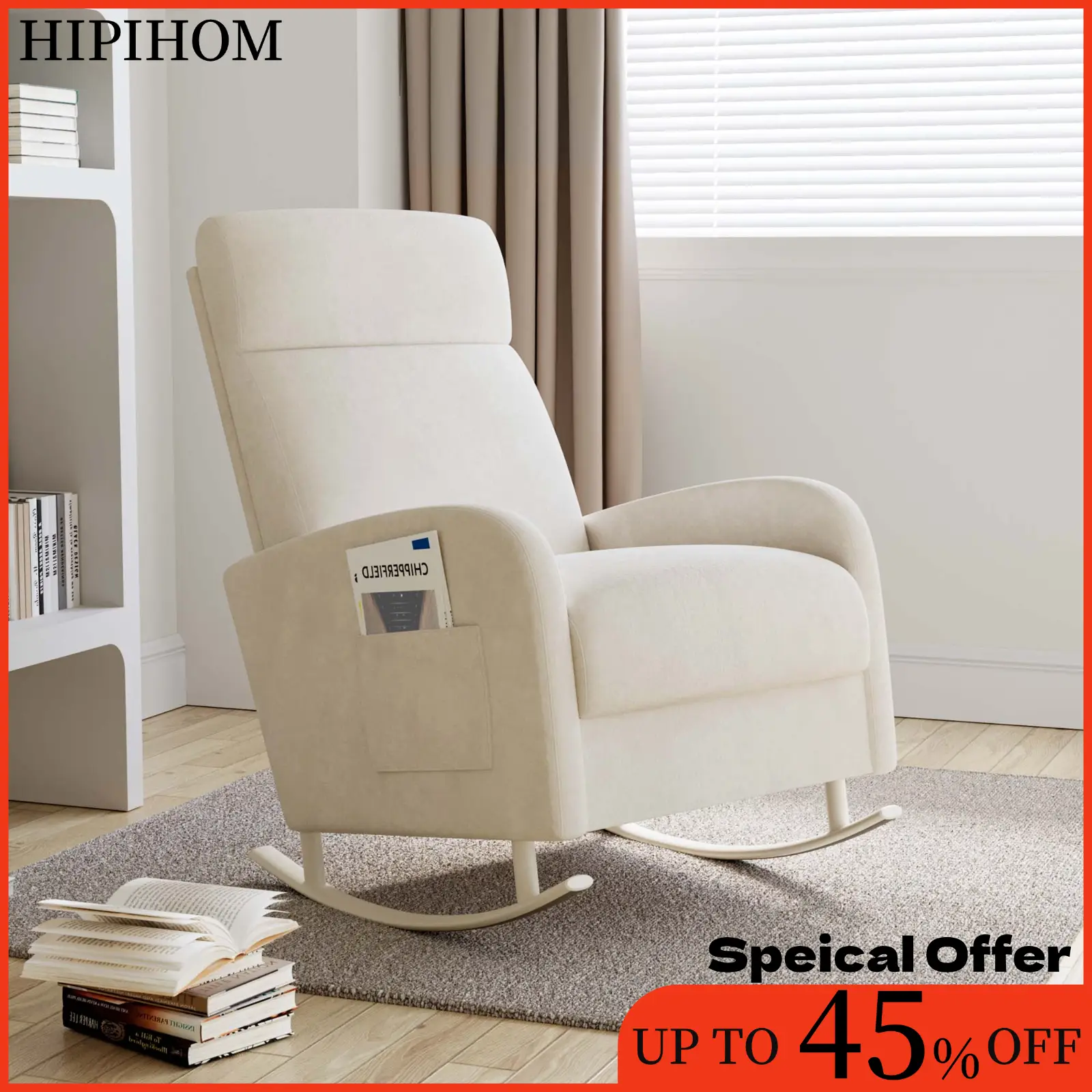 HIPIHOM Nursery Chair Rocking Chair Mom chair,Ergonomically designed recliner, Soft White Fabric Upholstery , Ideal for Living Room, Home Office & Rea