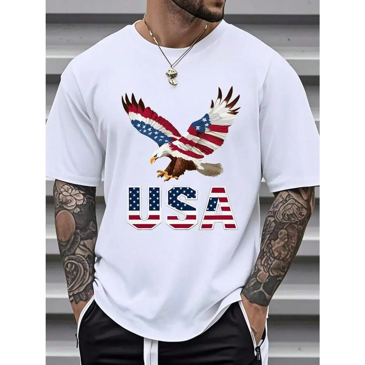 Men's Patriotic Graphic T-Shirt, American Flag Eagle Print Loose-Fitting Short Sleeve Top, Comfortable Casual USA Apparel, Shortsleeve, Menswear