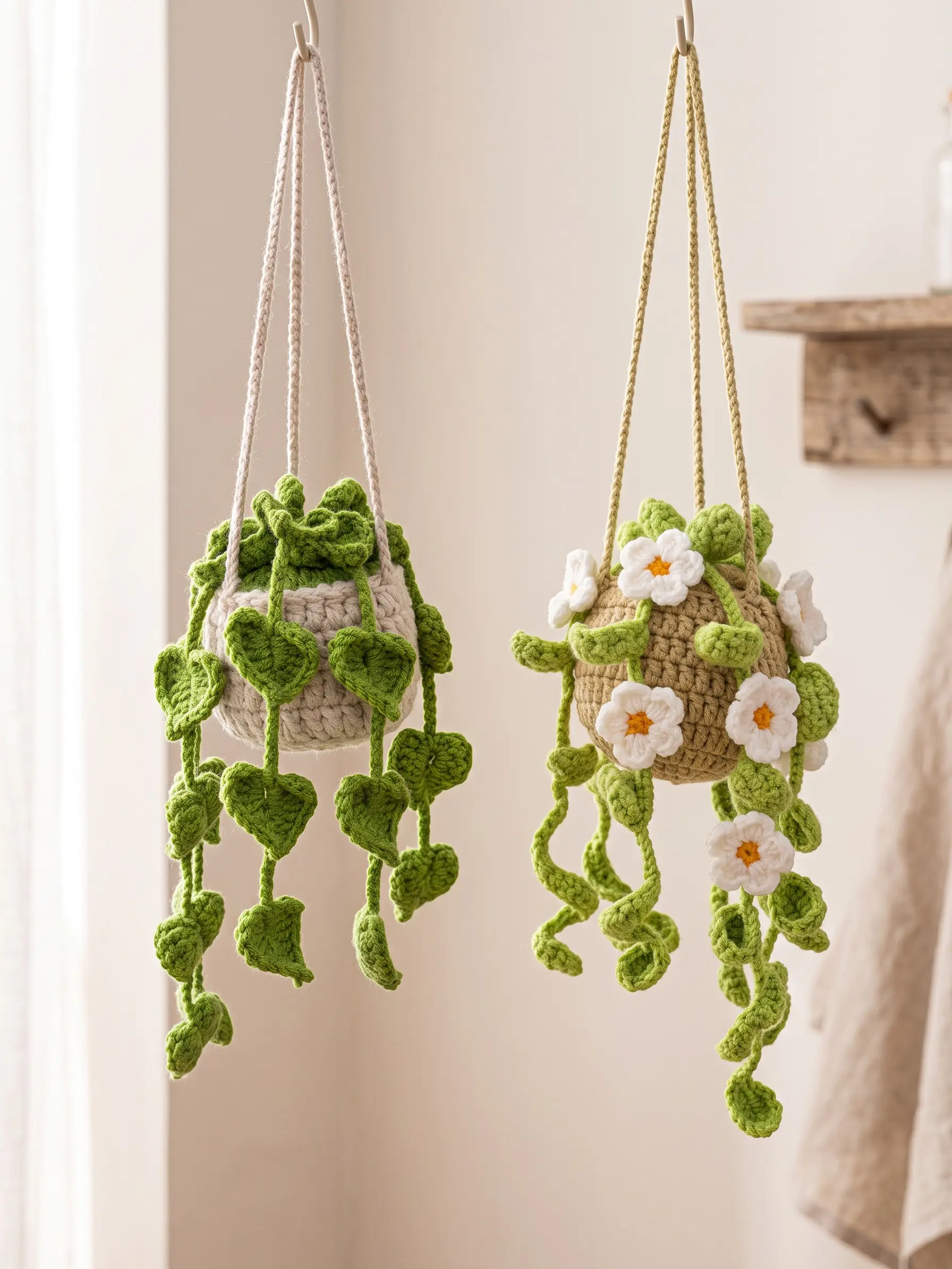 Handmade Crochet Hanging Plant Car Ornament, Rearview Mirror Plant Charm, Cute Boho Car Decor for Women