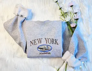 New York State Embroidered Sweatshirt | Manhattan Embroidered Hoodie | Manhattan Bridge T-shirt | Embroidered State Crew Neck Sweatshirt