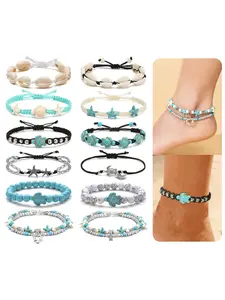 12Pcs Shell Turtle Ankle Bracelets Handmade Seashell Bead Starfish Cowrie Dolphin Adjustable Layered Anklets for Women Boho Hawaii Summer Beach Foot Jewelry Dainty Layered Anklet