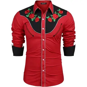 Men's Western Cowboy Shirt Long Sleeve Slim Fit Rose Embroidered Cotton Casual Button Down Shirts