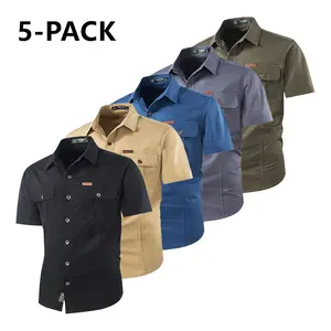 5-Pack – Men’s Casual Pure Cotton Short-Sleeve Shirts, Comfortable and Breathable Summer Outdoor Workwear Tops with Chest Pocket Design, Suitable for Daily Casual Wear, Outdoor Fishing, and Hiking Trips