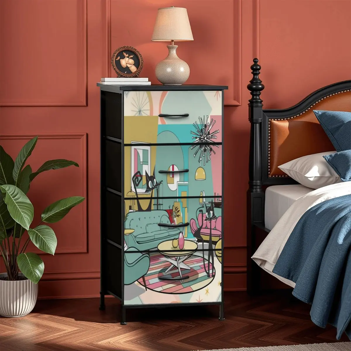 Atomic Cat, Mid Century Modern Lounging Retro Cats, MCM 4-Drawer Dresser