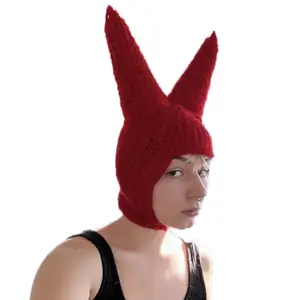 Handmade Horned Crochet Hat - Red Design with Pointed Horns, Ideal for Festivals and Special Occasions