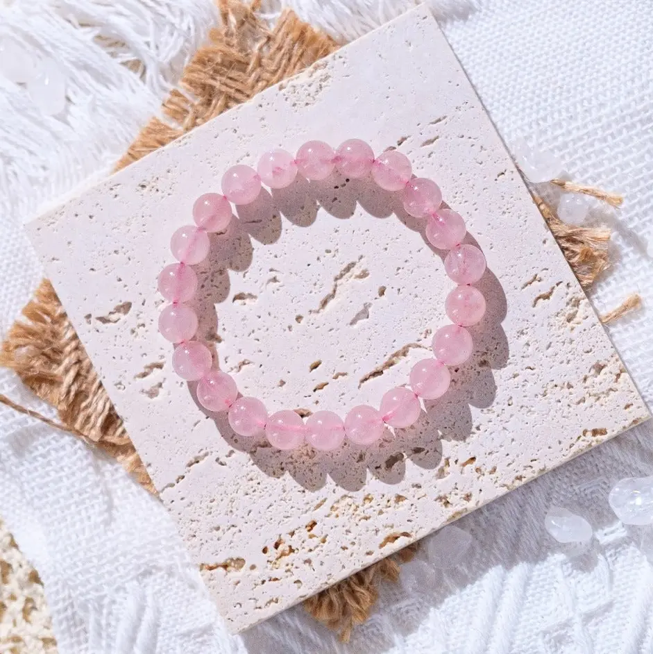 Sofia Natural Rose Quartz Beaded Elastic Bracelet - Pink Gemstone Stretch Healing Crystal Boho Jewelry, Handmade Daily Wear Gift for Her