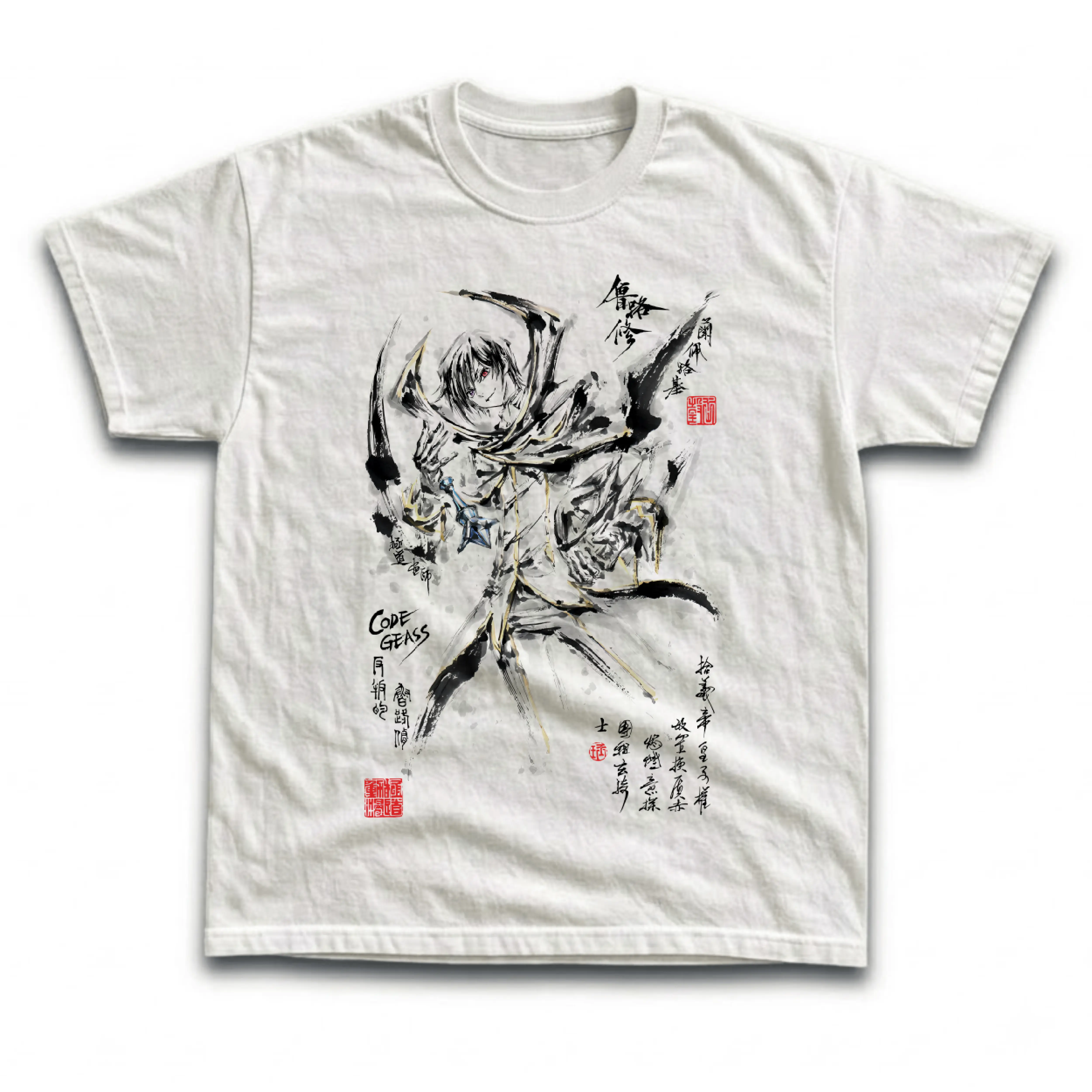 Gildan Men's and Women's T-Shirt, Vintage Code Geass Graphic Tee, Lelouch Lamperouge Tee, Zero Eye of Geass Shirt, Japanese Ink Calligraphy Top, Sumi-e Brush Art Merch, Kanji Red Seal, Retro Anime Streetwear Unisex