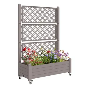 Raised Garden Bed with Trellis, Mobile Planter Box with Smooth-Rolling Lockable Wheels, Double Diamond Lattice for Climbing Plants, High-Hardness Weather-Proof Material & Built-In Drainage