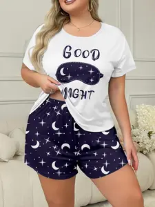 Plus Size Moon Print Tee & Shorts Loungewear Two-piece Set, Casual Comfy Round Neck Short Sleeve T-shirt & Shorts PJ Set, Women's Sleepwear for Summer, Pajama Sets