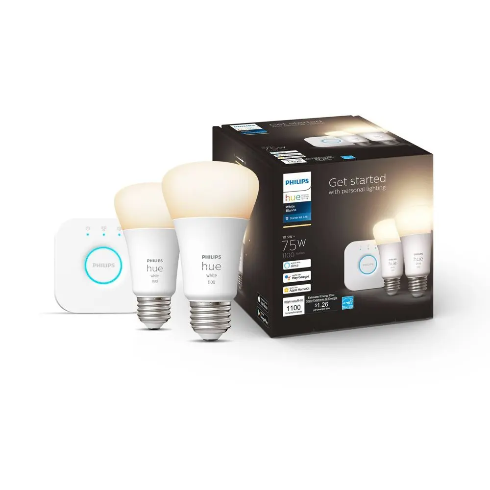 Philips Hue 2pk A19 LED Starter Kit with Bridge White: Energy Star Certified Dimmable 1100 Lumens 22-Year Bulb Life