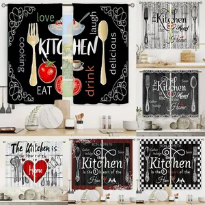 2 pieces of retro fork spoon pattern kitchen curtains, coffee colored curtains, curtains with pole pockets, suitable for home decoration in the kitchen and living room