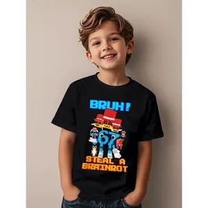 67 Six Seven 6-7 Funny Brain Stealing Game Meme T-Shirt - Cute Anime Inspired "BRUH!STEAL BRAINROT" Pattern, with Characters, Casual Crew Neck Short Sleeve T-Shirt, Suitable for All Seasons, Trendy Streetwear, Suitable for Boys and Girls  Soft Casual gen