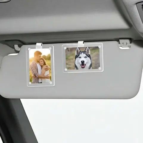 Home Decor 2-Piece Set Transparent Acrylic Car Sun Visor Photo Frame Holders - Split Frame Set Pack, Snap Clips, Fits Most Vehicles for Photo & Card Display, Two Piece Set