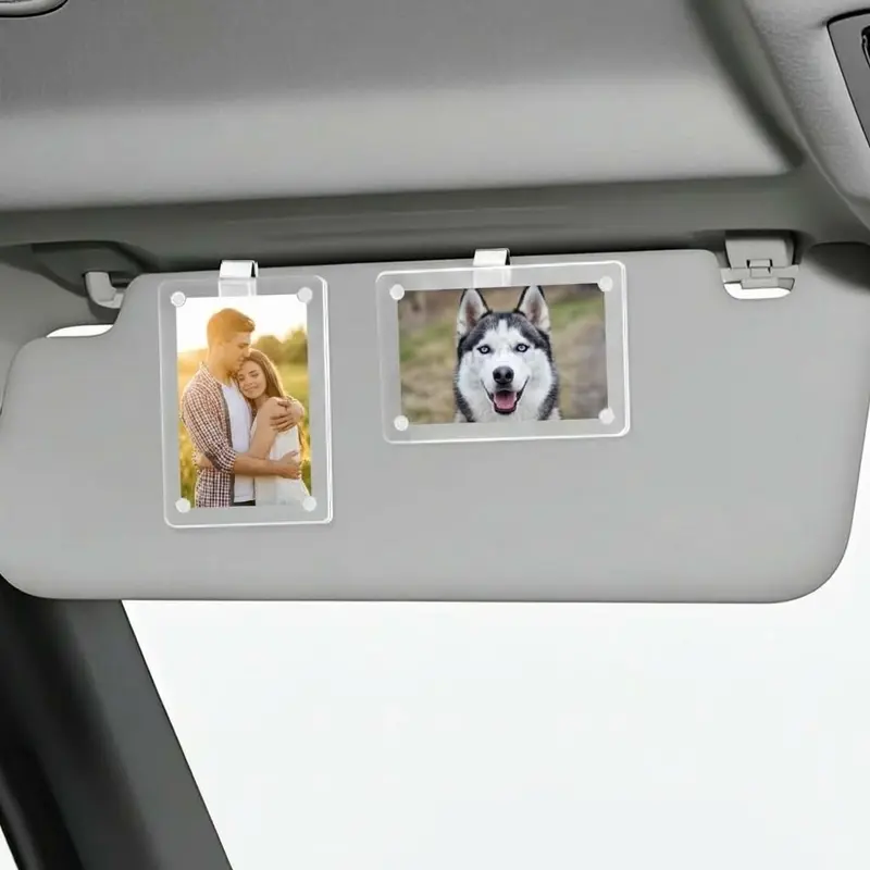 Home Decor 2-Piece Set Transparent Acrylic Car Sun Visor Photo Frame Holders - Split Frame Set Pack, Snap Clips, Fits Most Vehicles for Photo & Card Display, Two Piece Set