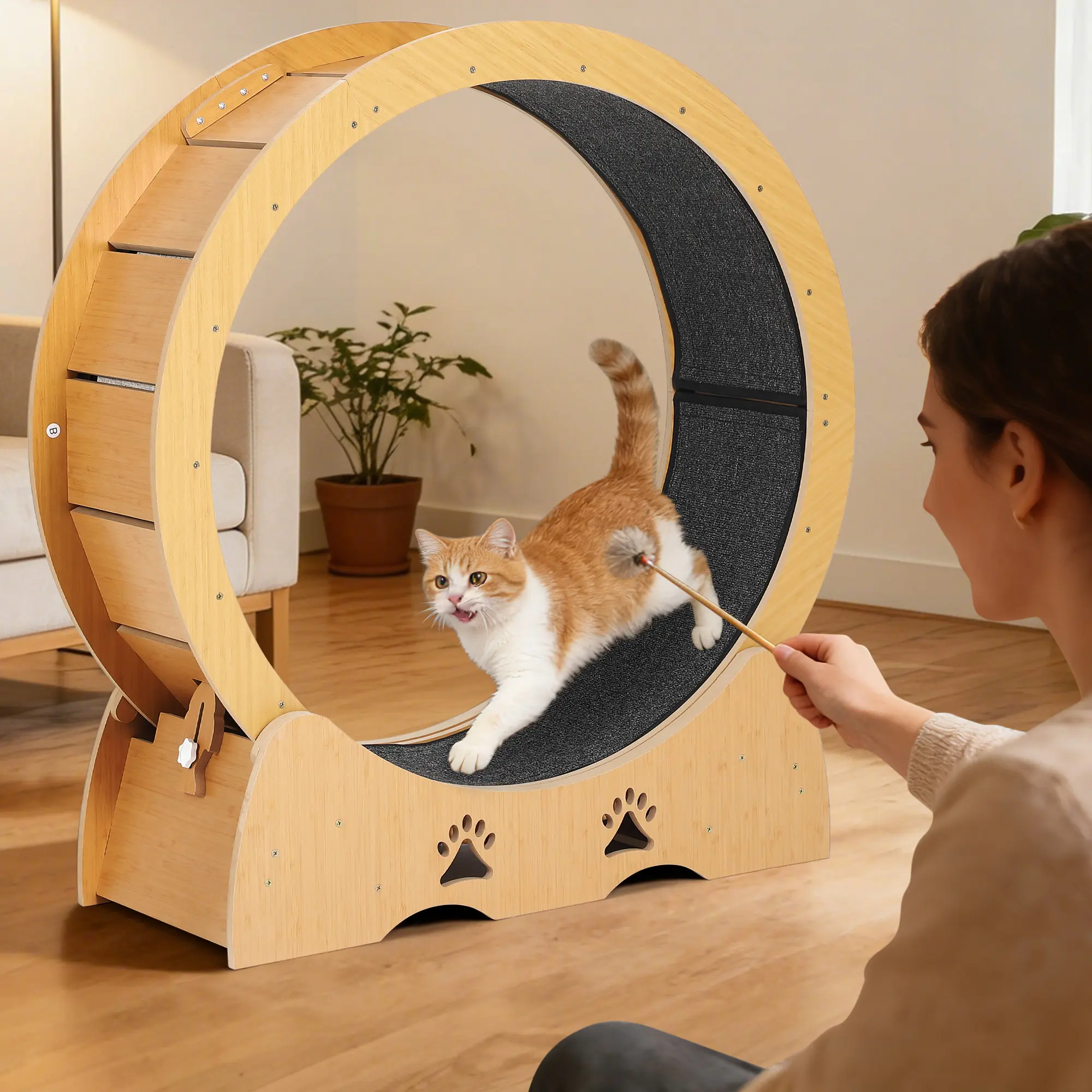 39.37in Cat Exercise Wheel, Wooden Cat Running Treadmill with Carpeted Runway for Indoor Cats, Low Noise Removable Carpet Cat Wheel for Kitty Running Walking Training