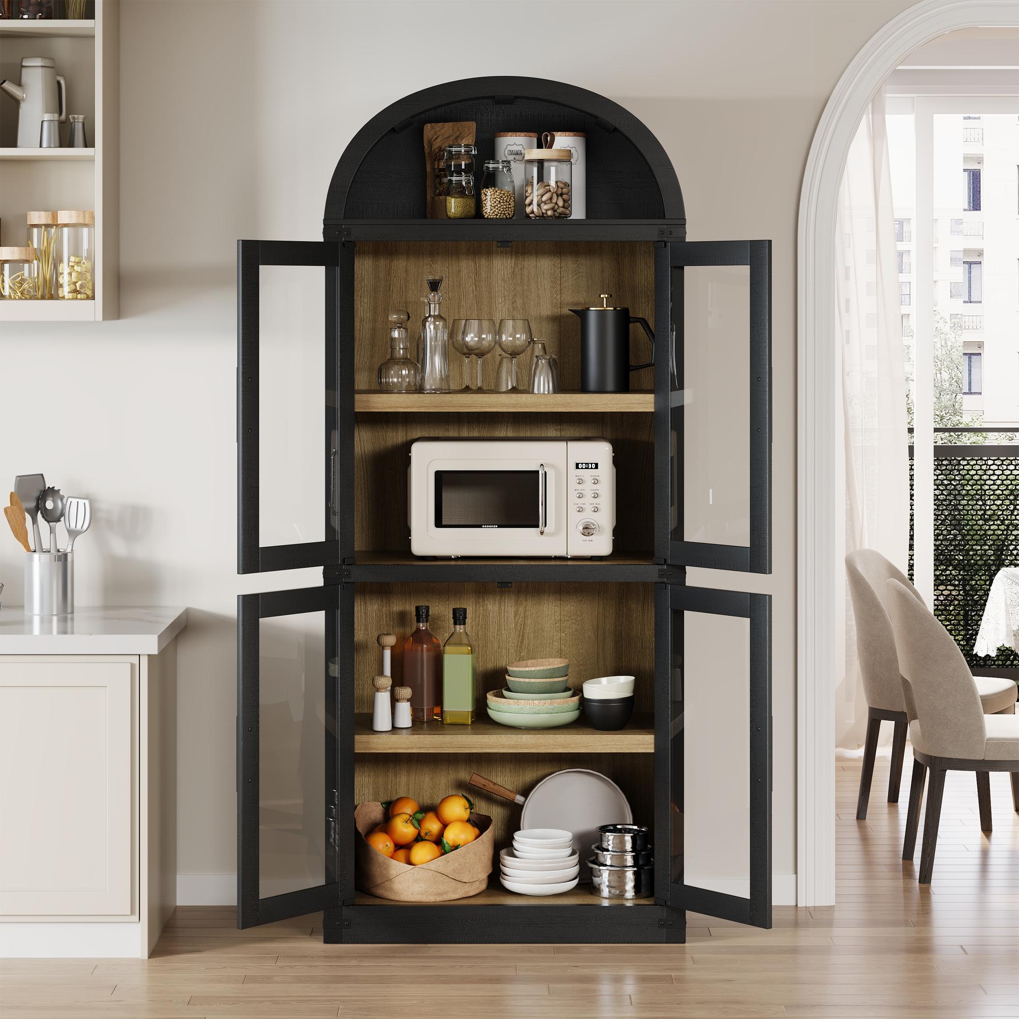 Tall Arched Bookcase Cabinet with Glass Doors, 4-Tier Slim Storage Bookshelf, Freestanding Modern Display Cabinet for Entryway, Living Room & Home Office