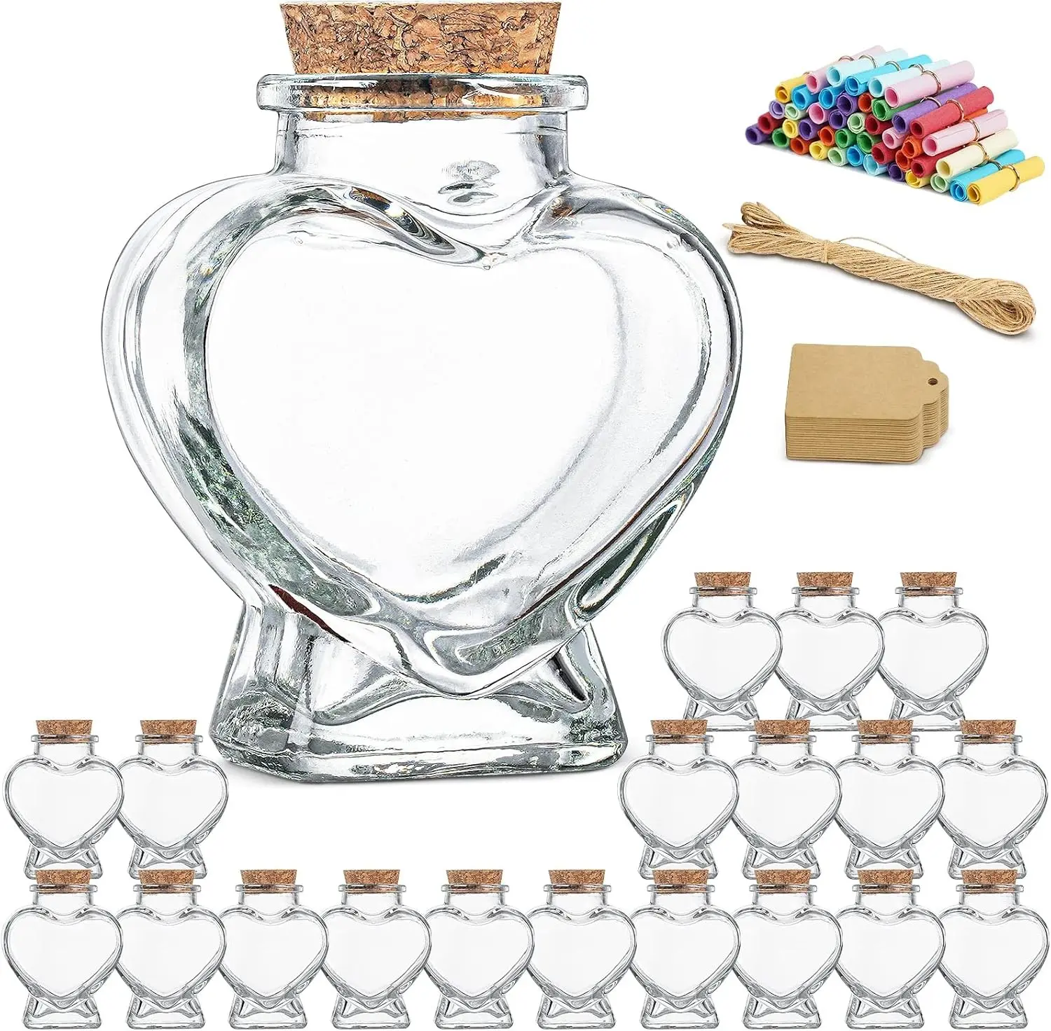 Honeymoon Sand Keepsake Jar 2026, 20 Pack Heart Shaped Spell Jars Coloured Paper Scrolls, DIY Gift for Valentine's Day, Small Glass Jars with Cork Lid for Baby Shower, Wedding Favor