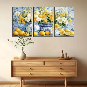 3pcs/set Frameless Room decoration, yellow floral and lemon still life canvas print, wall art, Unframed Painting, blue vase decoration, perfect gift