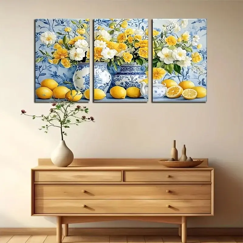 3pcs/set Frameless Room decoration, yellow floral and lemon still life canvas print, Farmhouse Wall Art, Aesthetic Wall Decor, Unframed Painting, blue vase decoration, perfect gift