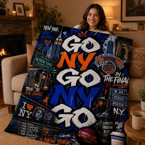 Go NY Go NY Go Blue Orange Basketball Fleece Throw Blanket Soft Cozy Lightweight Game Day Blanket for Sofa Bed Couch Dorm Living Room Sports Room Decor Made for Big Plays and New York Nights