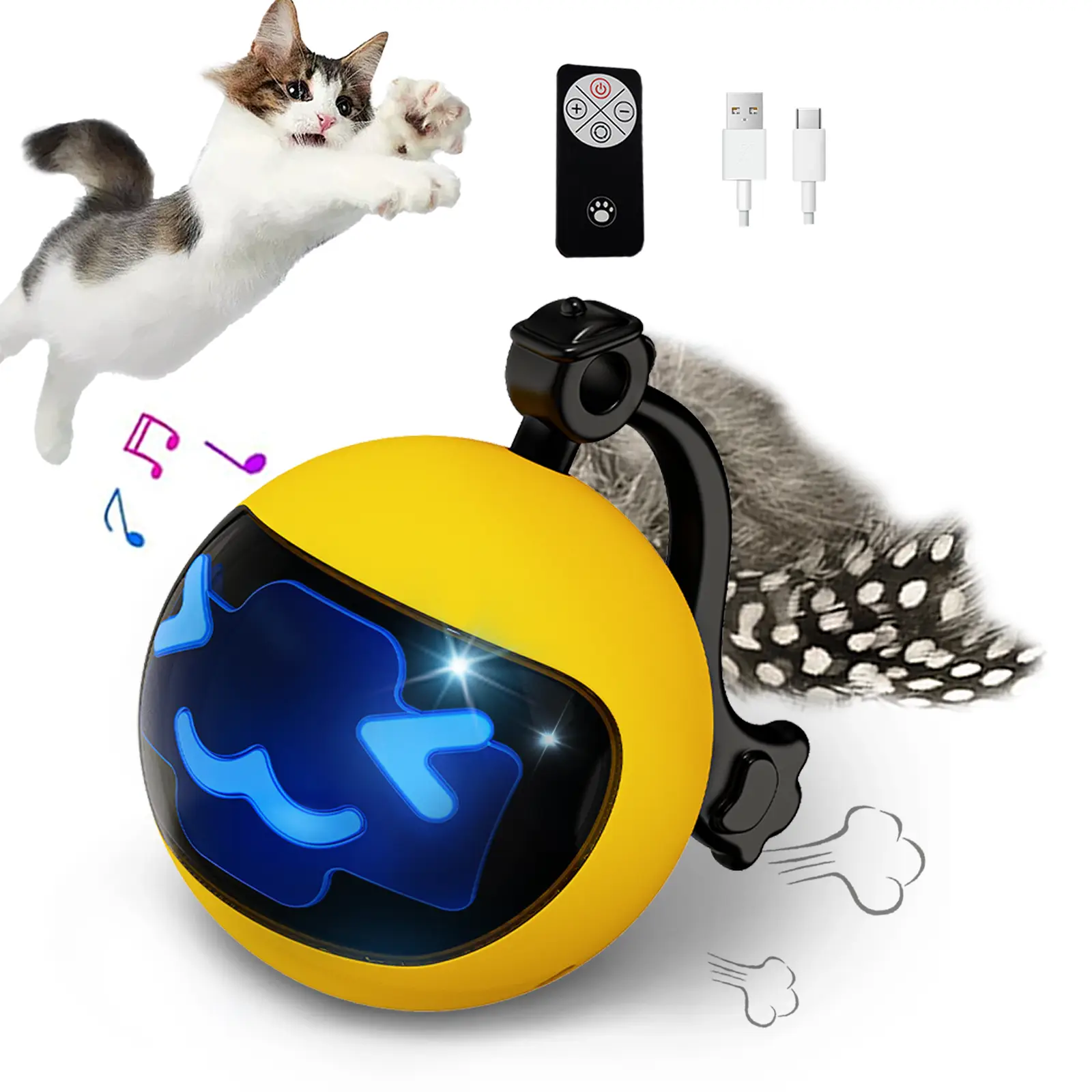 Interactive cat Toys for Indoor Cats, Cat Ball Toys/Kitten Toys with Remote Control & LED Rainbow Lights, Fun Tracker, Automatic Rolling Chase Ball wi