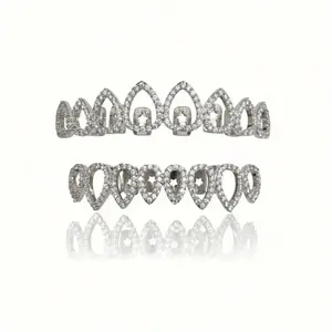 2pcs Drop Shape Octadentate Fashion Light Luxury Style Hollow Eight Teeth Copper Inset Zirconia Personality Hip Hop Gift Cool Party Accessories for Men and Women Oral Stainless Wire Brace White