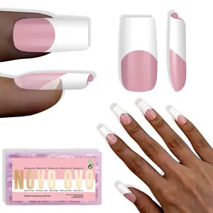 NOVO OVO Old School Wide White French Tip Nail Tips Press on, Medium Length Tapered Square BERRY PINK, Extra Thick Soft Gel Fake Acrylic Extension, Need Builder Gel, Top Coat, Glue 15 Sizes 240 pcs