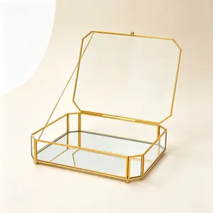 Octagonal Glass Display Box with Mirrored Bottom, Handmade Jewelry Box with Lid, Trinket Organizer for Vanity Dresser, Glass Photo Keepsake Box, Home Decor Storage Case, Gold