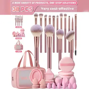 38PCS Makeup Tools Set:15PCS Brushes+3PCS Circular Puffs+3PCS Triangle Puffs+Brush Cleaner+6PCS Mini Sponges+3PCS Makeup Sponges+6PCS Mini Sponges+Waterproof Zipper Cosmetic Bag, Waterproof Bag