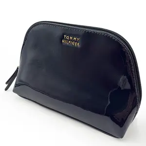 Tommy Hilfiger Small Navy Pouch Sleek Patent Zip Organizer with Iconic Logo & Secure Closure for Travel & Daily Use