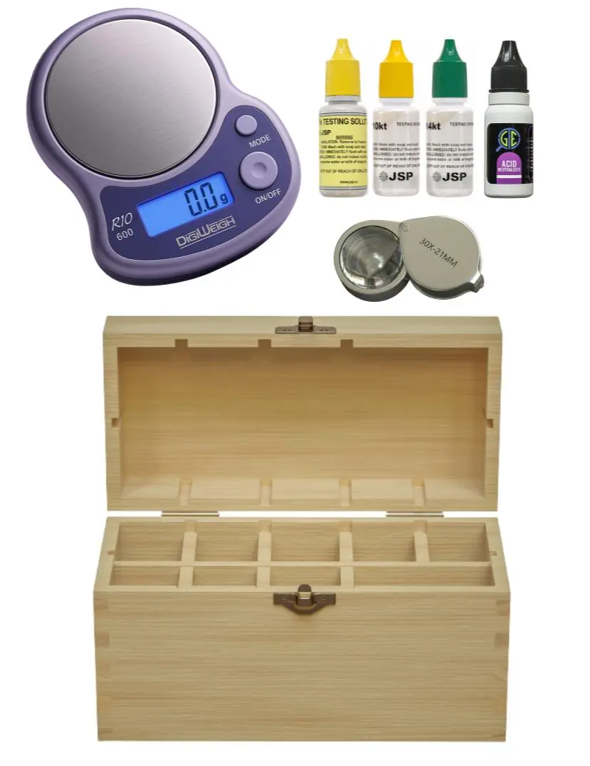 GTE & JSP Gold Jewelry Acid Test Kit 9k 10k 14k with DigiWeigh R10-600 Scale 30x Loupe & 9-Slot Bamboo Storage Box for Jewelers Collectors Investors Testing
