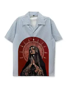 Printed Shirt Menswear Top Blue Striped Vibrant Pattern Vintage Style Streetwear Hip-Hop Casual Fashion, Fitted Short Sleeve Hawaiian Clothing for Summer