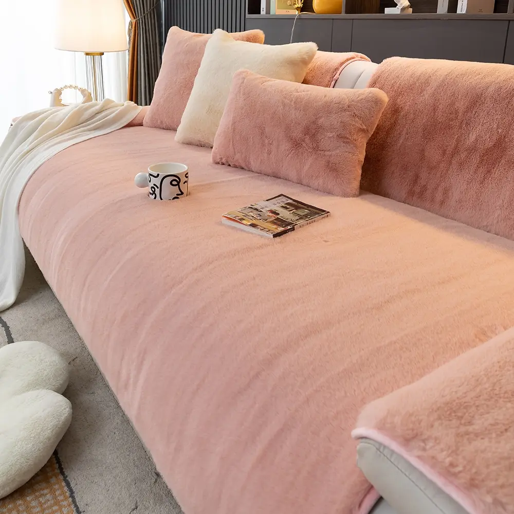 Soft Plush Sofa Cushion Cover, Fluffy Rabbit Fur Style, Non-Slip & Washable Design, Durable & Easy-Clean Fabric for Home Decor, Soft Sofa Protector