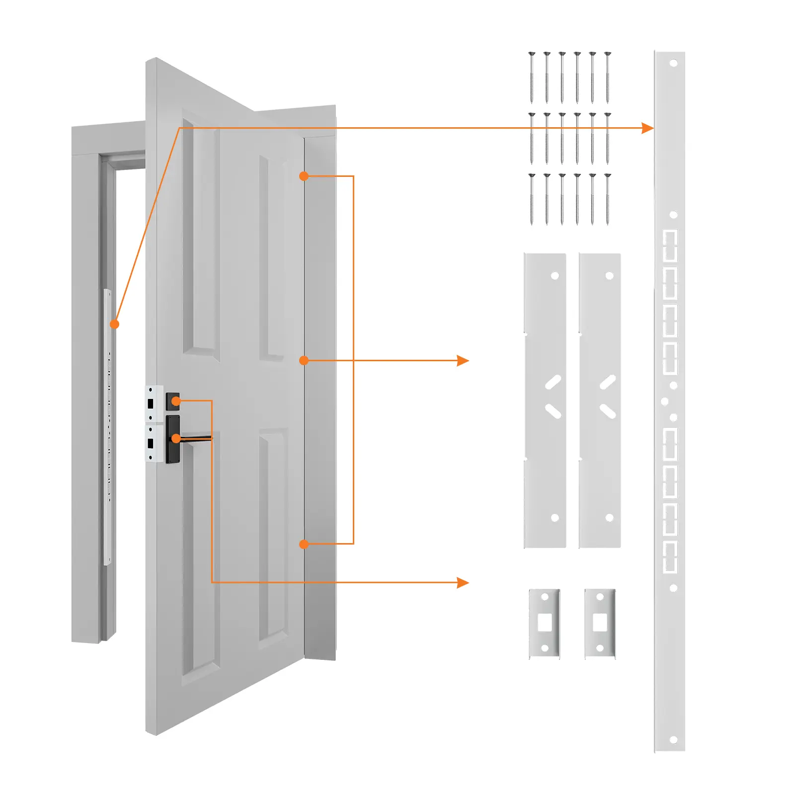 Yuleimy Door Armor MAX 5-Piece Front Door Upgrade Kit - Heavy Duty Steel Reinforcement System, 46" Jamb Shield, 2 Hinge Plates, Dual Anti-Kick Lock Plates, 30-Min Easy Install with Laser-Etched Template, Corrosion-Proof White/Black, Knockout Slots