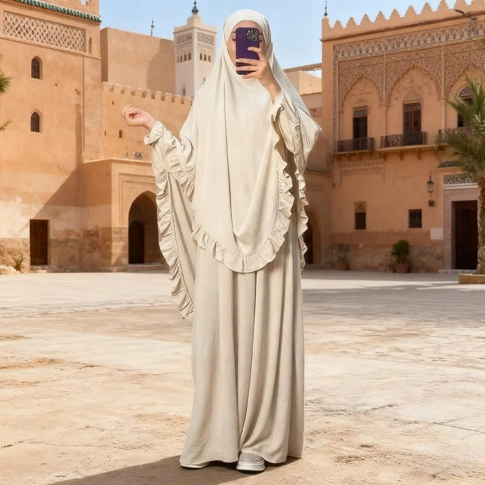 Eid Women Prayer Garment 2 Piece Set Long Khimar with Dress Muslim Abaya Set Ramadan Hijab  Sets Niqab Jilbab Musulman Ensembles
