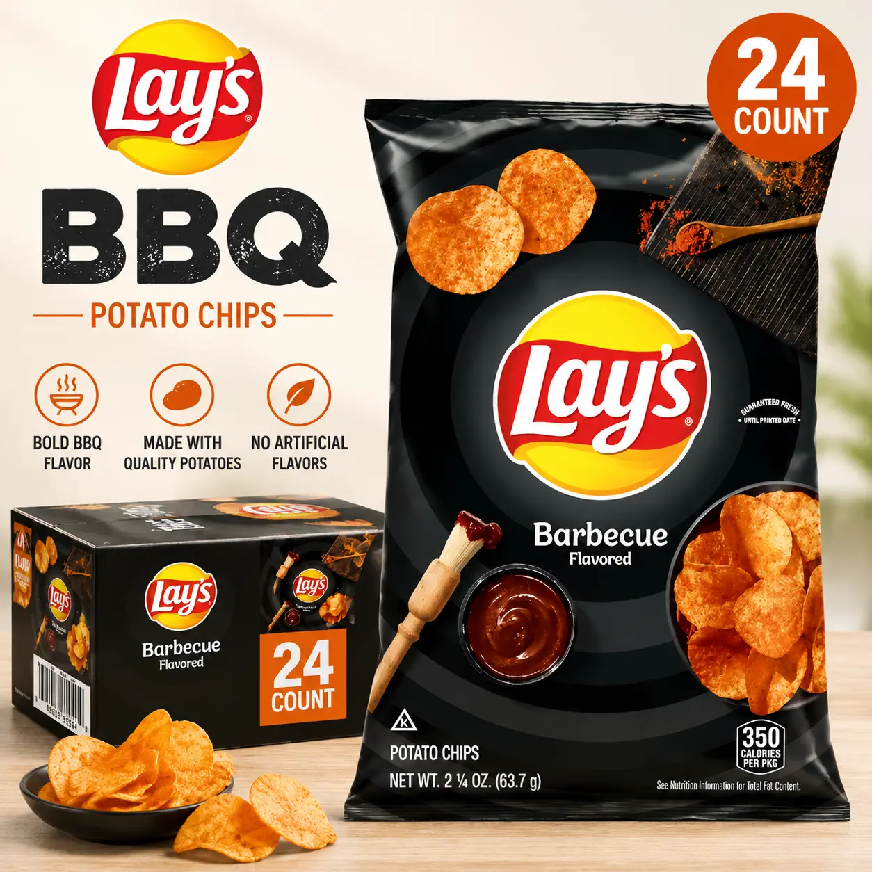 Lay's Barbecue Potato Chips, 2.25 oz Extra Large Snack Bags, 24-Count Classic Flavor Crisps