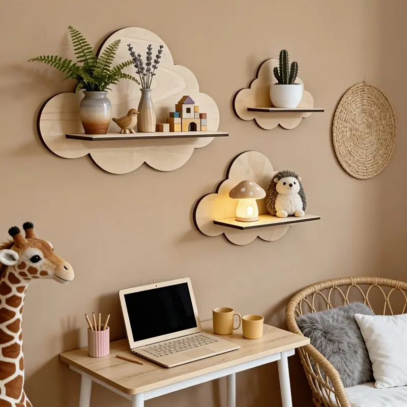 3-Pack Wooden Cloud Floating Wall Shelves, Natural Wood Color, Modern Home Decor, Space Saving Design, Easy Installation, for Living Room, Bedroom, Plant/book/toy Display