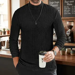 Men's Mock Turtleneck Long Sleeve Thermal Shirt - Fleece Ribbed Knit Pullover, Menswear Knitwear Longsleeves Clothes, Warm Comfortable Winter Casual Essential Underwear Top