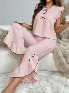 Women's Comfortable Sleepwear Set, Colorblock Bow Round Neck Nightgown, Spring Summer Home Wear, High-End Ruffle Design, Pajamas