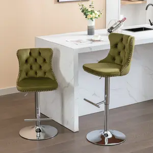 Dreamzon furniture Swivel Velvet Barstools Adjusatble Seat Height from 25-33 Inch, Modern Upholstered Chrome base Bar Stools with Backs Comfortable Tufted for Home Pub and Kitchen Island, Olive-Green,Set of 2,1712OL
