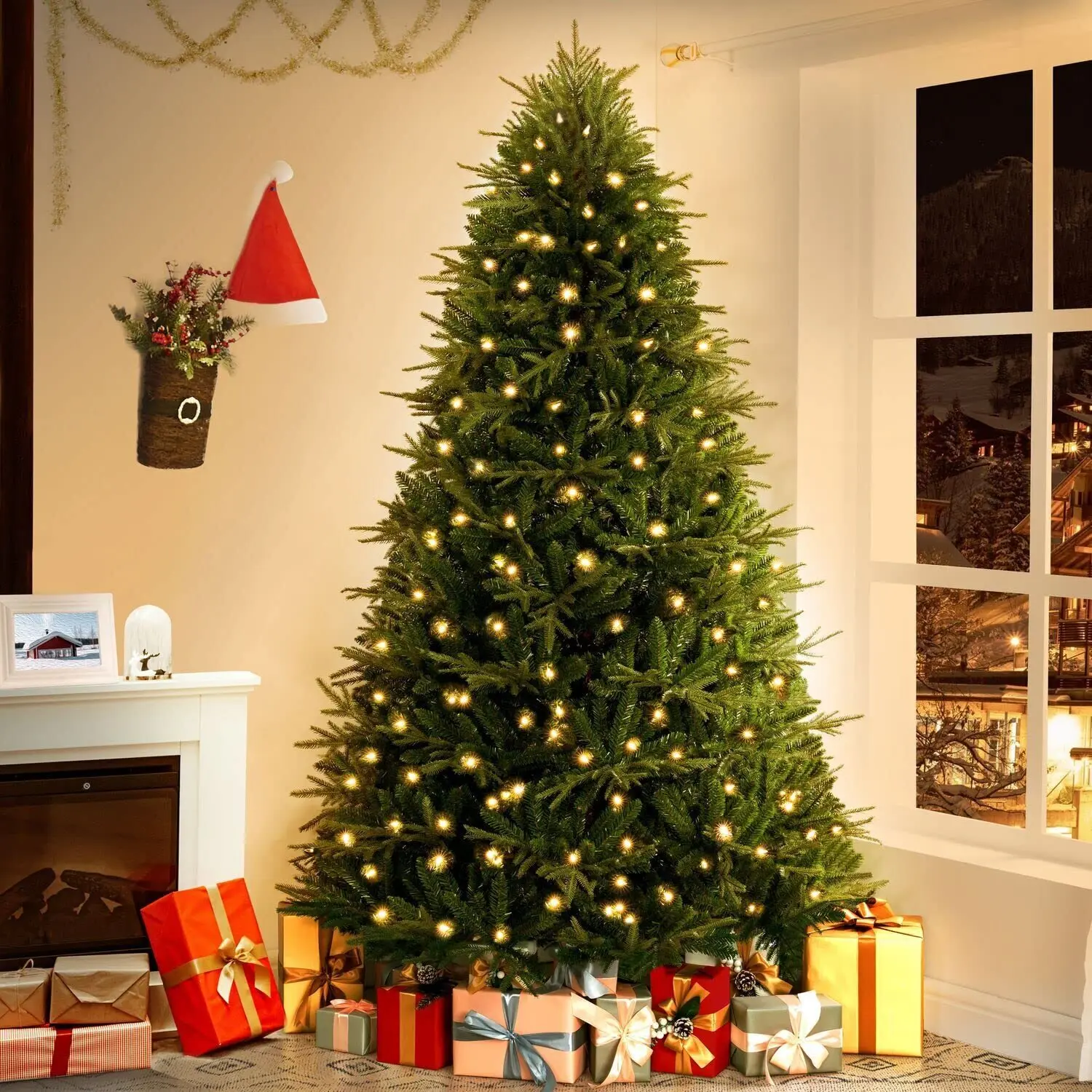 7.5ft Pre-Lit Artificial Christmas Tree with Foot Pedal – Features 2755 Branch Tips, 600 Warm White Lights, a Sturdy Metal Stand, and a 58" Wide Realistic Hinged Design