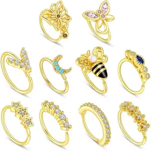 10 count  Hoop Nose Ring, 20G  Nose Hoop, Stainless Steel Heart-Shaped Butterfly  Moon  Flower Perforated Circular Noses Rings, Unisex