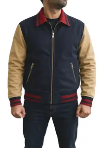 Will Noah St 80s Classic Bomber Wool Jacket Navy & Beige with Red Trim