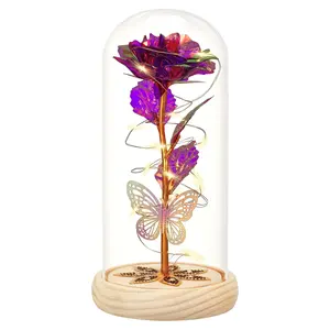 Birthday Gift, Galaxy Glass Rose Forever Eternal Crystal Rose in Glass Dome with Butterfly Mother's Day Roses Gifts for Mom Daughter Wife Women Grandma Colorful Glowing Bear-Shaped Night Light