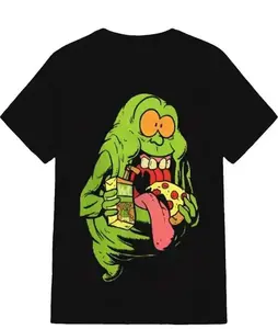 Slimer Ghostbusters Foodie American Retro Black Short - Sleeved T - Shirt Cartoon Ghost Graphic with Pizza Juice Casual Streetwear Crew Neck Cotton Graphic Tee Unisex for Movie Comedy Enthusiasts Funny Thanksgiving Graduation Gift Soft Cotton Oversized Bo