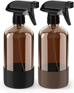 Bontip Glass Spray Bottle with Silicone Sleeve Protection, Amber Glass Spray Bottle Set for Window Cleaner Aromatherapy Facial Hydration Watering Flowers Hair Care 2 Pack/16 oz (Black & Brown)