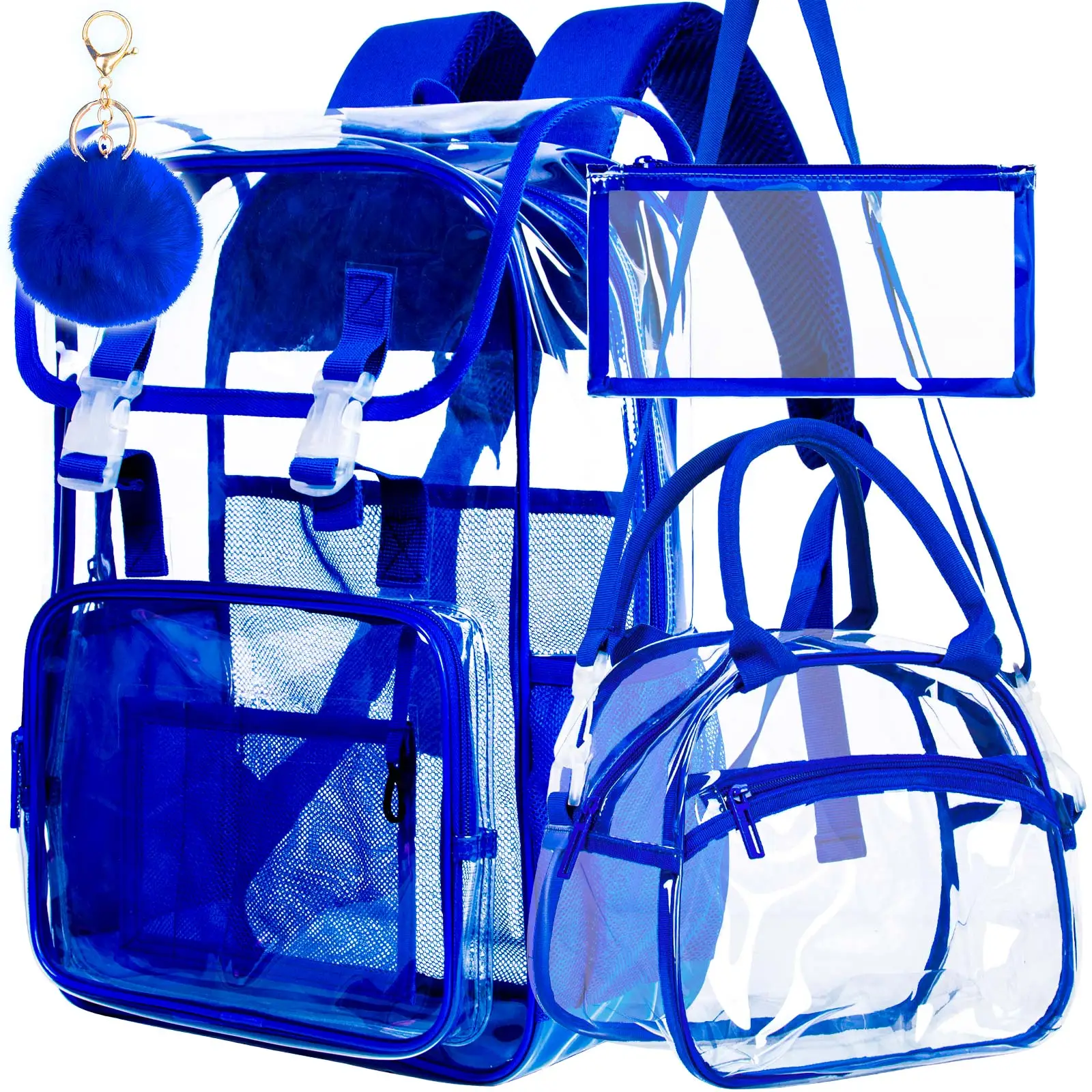 3PCS Clear Backpack, Heavy Duty Transparent Bookbag for Men Boys, Stadium Approved See Through Backpack Set (Blue)