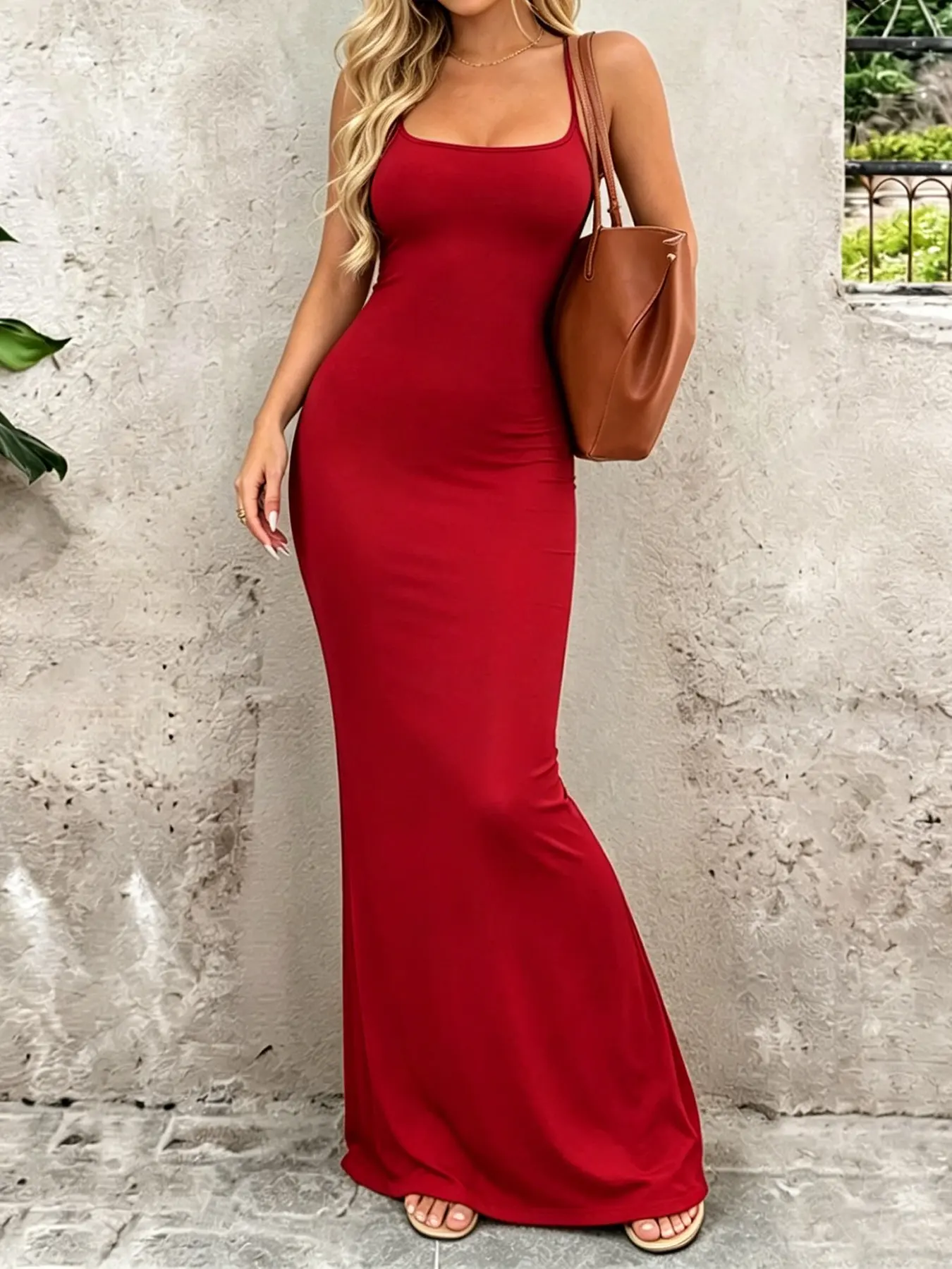 Women's Solid Color Square Neck Spaghetti Strap Bodycon Maxi Dress, Sleeveless Slim Fit Mermaid Long Dress, Y2K Casual Daily Wear, Chic, Formal, Elegant Going Out Party Clubwear, Summer Vacation Sundress, Multi-Color Optional