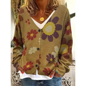 Plus size floral print button-front off-shoulder cardigan, autumn and winter casual long-sleeve V-neck cardigan sweater, women’s everyday wear