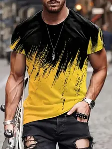 Men's Contrast Color Ink Splatter Print Short Sleeve T-Shirt, Breathable Summer Casual Streetwear Fitted Round Neck Top Casual Wear Clothing